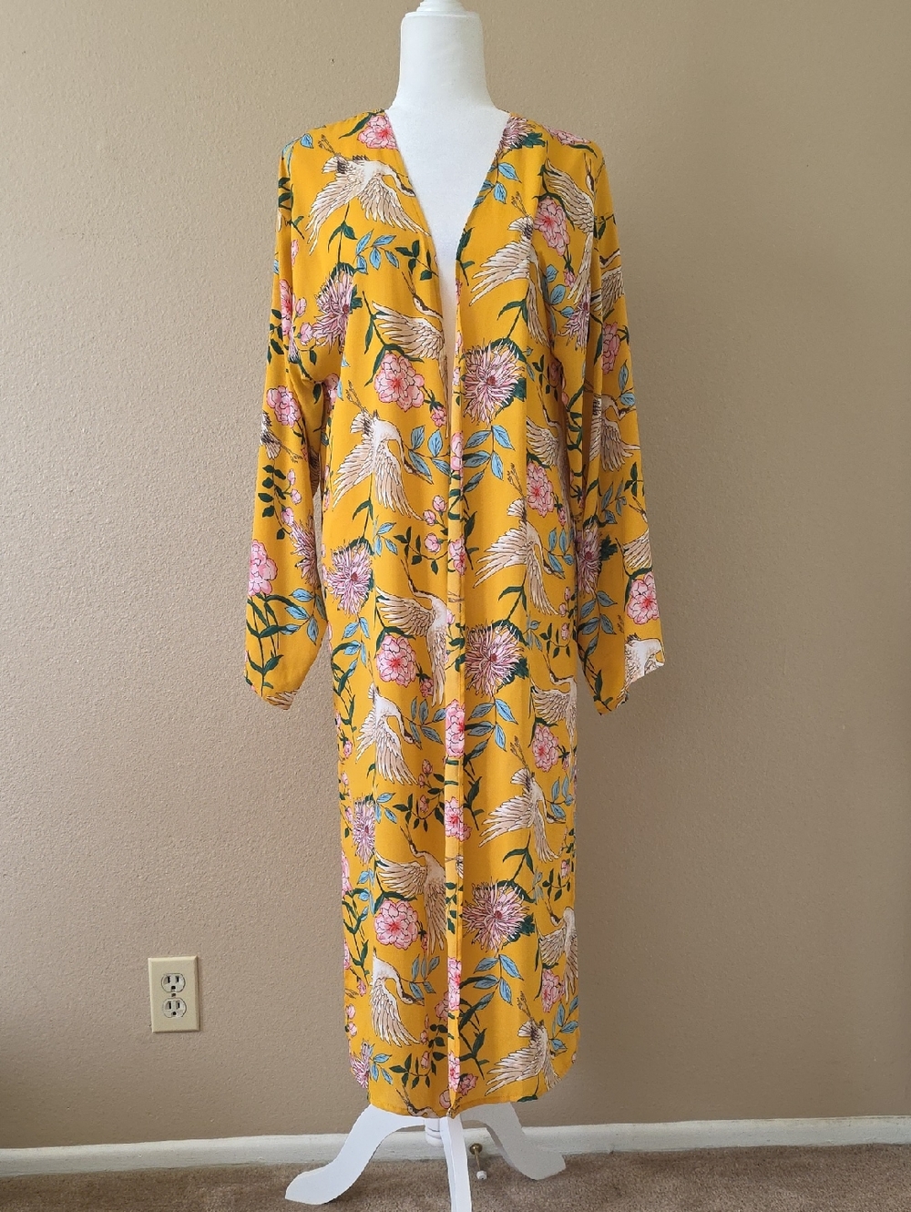 Band of Gypsies Yellow Bird Floral Printed Kimono Coverup - Size Medium